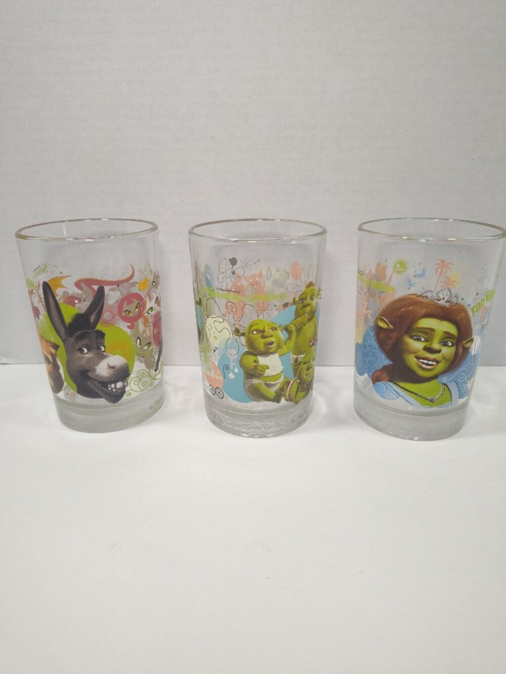 2007 McDonald’s Shrek The Third Glass Tumblers Set of 3 Donkey Fiona Shrek